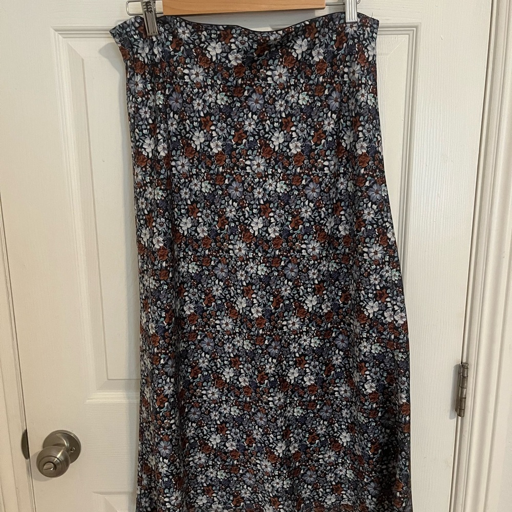 LOFT Blue and Brown Floral Midi Skirt